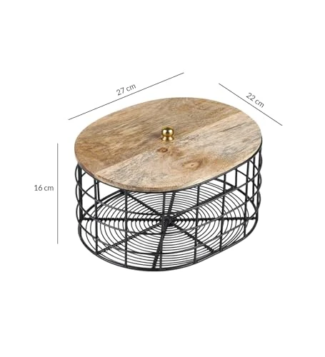 Craft Brio Black Metal Wire Storage Basket with Wooden Lid, Oval Shape Decorative Container for Fruits and Vegetables, 27 x 22 x 16 cm view 7