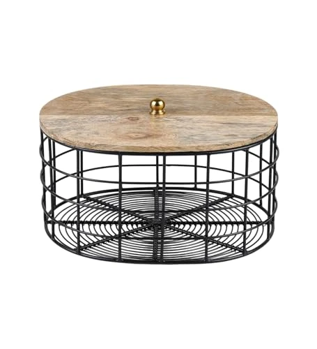 Craft Brio Black Metal Wire Storage Basket with Wooden Lid, Oval Shape Decorative Container for Fruits and Vegetables, 27 x 22 x 16 cm view 4