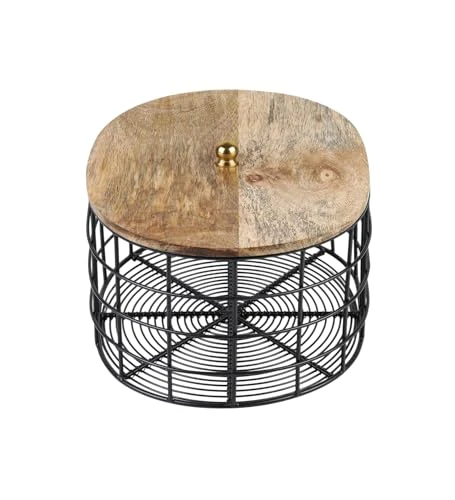 Craft Brio Black Metal Wire Storage Basket with Wooden Lid, Oval Shape Decorative Container for Fruits and Vegetables, 27 x 22 x 16 cm view 5