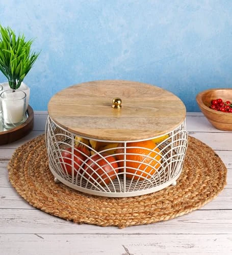 Craft Brio -A TRENDY HANDICRAFTS Decorative Fruit Storage Basket with Wooden Lid, 25 cm Round Wire Mesh Container, Grey and Natural view 2