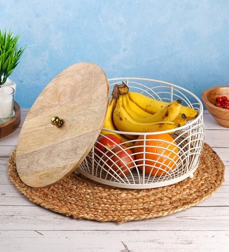 Craft Brio -A TRENDY HANDICRAFTS Decorative Fruit Storage Basket with Wooden Lid, 25 cm Round Wire Mesh Container, Grey and Natural view 3