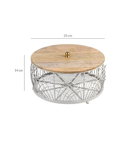 Craft Brio -A TRENDY HANDICRAFTS Decorative Fruit Storage Basket with Wooden Lid, 25 cm Round Wire Mesh Container, Grey and Natural view 4