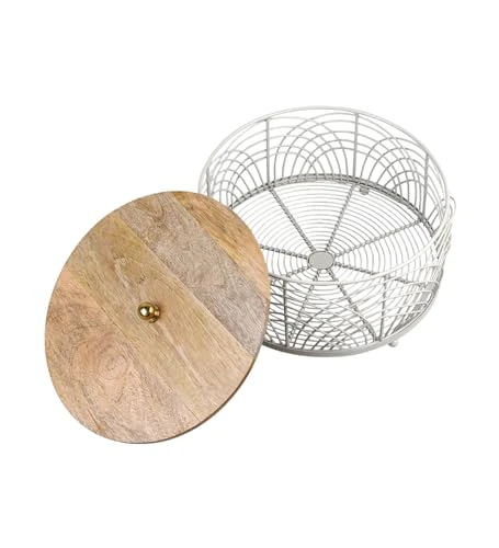 Craft Brio -A TRENDY HANDICRAFTS Decorative Fruit Storage Basket with Wooden Lid, 25 cm Round Wire Mesh Container, Grey and Natural view 5