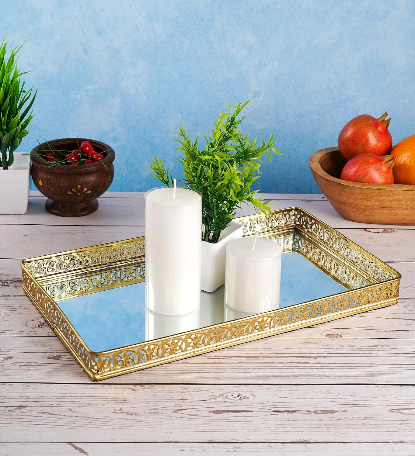 Decorative Mirror Vanity Tray, Gold-Plated Rectangular Serving Tray with Ornate Border (30 cm Length) view 3