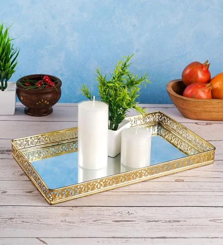 Decorative Mirror Vanity Tray, Gold-Plated Rectangular Serving Tray with Ornate Border (30 cm Length) view 1