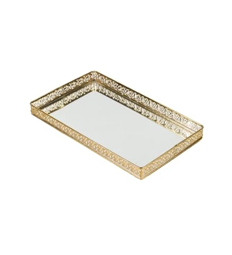 Decorative Mirror Vanity Tray, Gold-Plated Rectangular Serving Tray with Ornate Border (30 cm Length) view 2