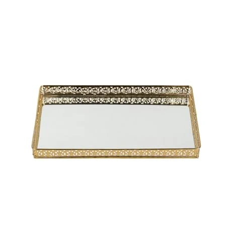 Decorative Mirror Vanity Tray, Gold-Plated Rectangular Serving Tray with Ornate Border (30 cm Length) view 4