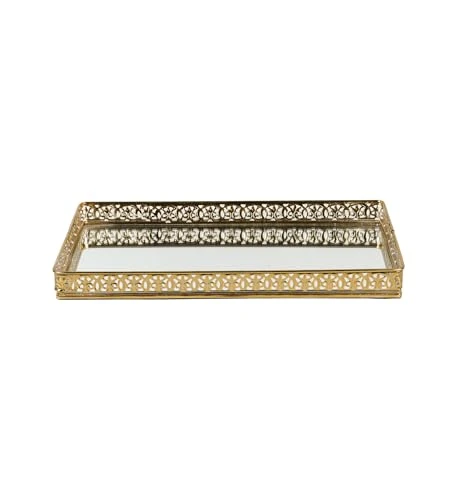 Decorative Mirror Vanity Tray, Gold-Plated Rectangular Serving Tray with Ornate Border (30 cm Length) view 5