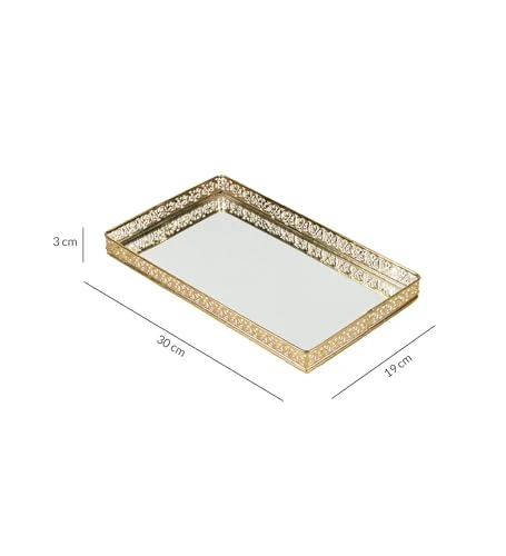 Decorative Mirror Vanity Tray, Gold-Plated Rectangular Serving Tray with Ornate Border (30 cm Length) view 6