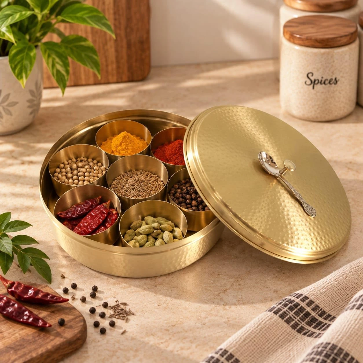 Craft Brio -A TRENDY HANDICRAFTS Luxury Pure Brass Gold Masala Spice Box with 7 Compartments, Hammered Design, Decorative Lid and Serving Spoon view 1