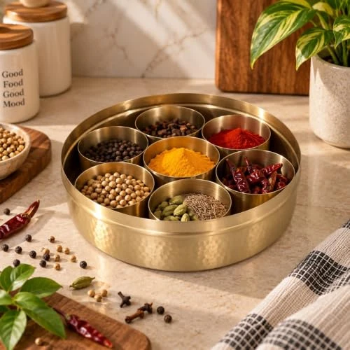 Craft Brio -A TRENDY HANDICRAFTS Luxury Pure Brass Gold Masala Spice Box with 7 Compartments, Hammered Design, Decorative Lid and Serving Spoon view 3