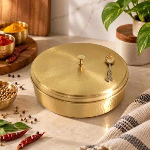 Craft Brio -A TRENDY HANDICRAFTS Luxury Pure Brass Gold Masala Spice Box with 7 Compartments, Hammered Design, Decorative Lid and Serving Spoon view 4