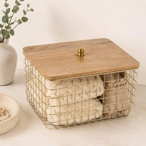Craft Brio Wooden Lid Storage Basket with Gold Metal Wire Basket, Decorative Storage Bin for Bathroom, Kitchen, Bedroom & Living Room, Rustic Farmhouse Organizer for Towels Toys view 2