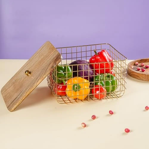 Craft Brio Wooden Lid Storage Basket with Gold Metal Wire Basket, Decorative Storage Bin for Bathroom, Kitchen, Bedroom & Living Room, Rustic Farmhouse Organizer for Towels Toys view 3