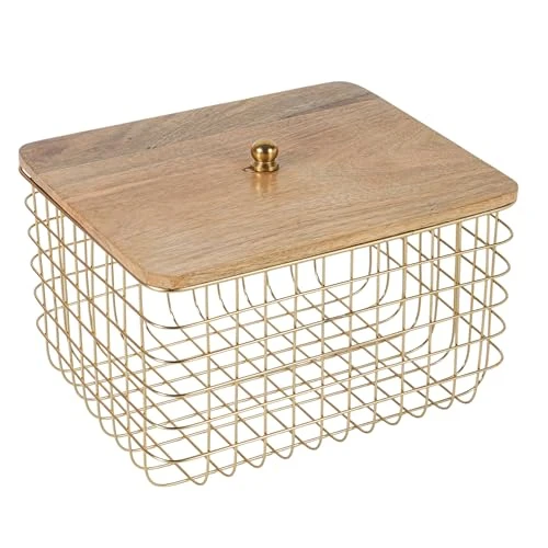 Craft Brio Wooden Lid Storage Basket with Gold Metal Wire Basket, Decorative Storage Bin for Bathroom, Kitchen, Bedroom & Living Room, Rustic Farmhouse Organizer for Towels Toys view 4
