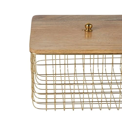 Craft Brio Wooden Lid Storage Basket with Gold Metal Wire Basket, Decorative Storage Bin for Bathroom, Kitchen, Bedroom & Living Room, Rustic Farmhouse Organizer for Towels Toys view 5