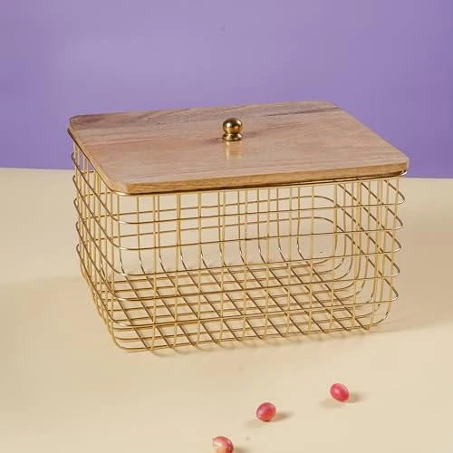 Craft Brio Wooden Lid Storage Basket with Gold Metal Wire Basket, Decorative Storage Bin for Bathroom, Kitchen, Bedroom & Living Room, Rustic Farmhouse Organizer for Towels Toys view 6