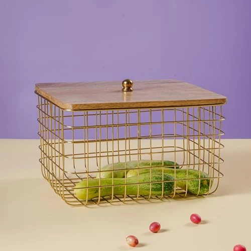 Craft Brio Wooden Lid Storage Basket with Gold Metal Wire Basket, Decorative Storage Bin for Bathroom, Kitchen, Bedroom & Living Room, Rustic Farmhouse Organizer for Towels Toys view 7