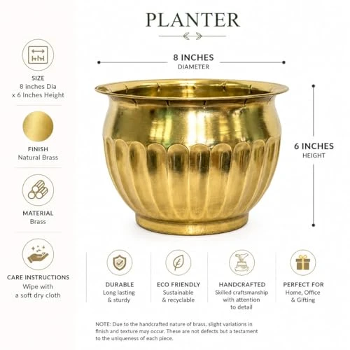 Craft Brio Pure Brass Planter Pot for Indoor Plants – 9 Inch Decorative Metal Flower Pot with Natural Brass Finish, Vintage Handcrafted Planter for Home Decor, Living Room, Balcony view 5