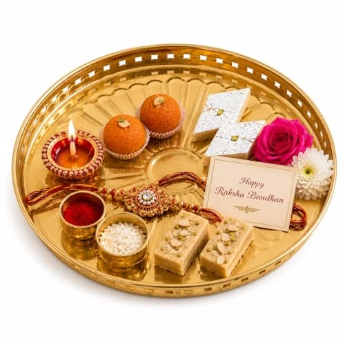 Craft Brio Pure Brass Decorative Pooja Tray for Home Temple – Round Brass Thali for Pooja, Aarti & Festive Décor, Traditional Handcrafted Plate for Diwali Wedding Rituals (9 inches) view 2