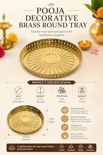 Craft Brio Pure Brass Decorative Pooja Tray for Home Temple – Round Brass Thali for Pooja, Aarti & Festive Décor, Traditional Handcrafted Plate for Diwali Wedding Rituals (9 inches) view 7