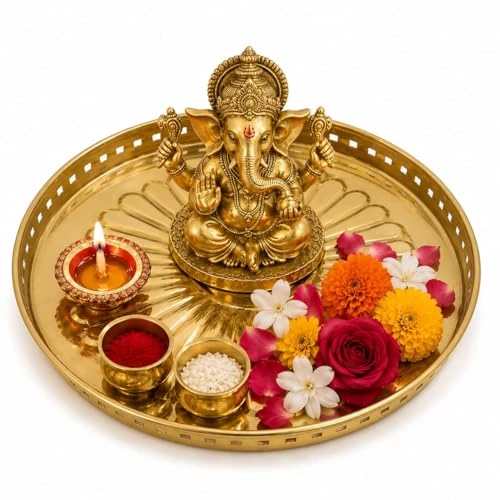 Craft Brio Pure Brass Decorative Pooja Tray for Home Temple – Round Brass Thali for Pooja, Aarti & Festive Décor, Traditional Handcrafted Plate for Diwali Wedding Rituals (9 inches) view 5