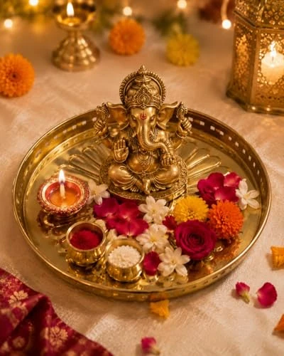 Craft Brio Pure Brass Decorative Pooja Tray for Home Temple – Round Brass Thali for Pooja, Aarti & Festive Décor, Traditional Handcrafted Plate for Diwali Wedding Rituals (9 inches) view 6