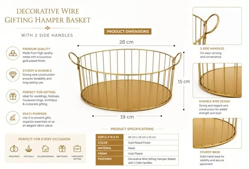 Oval Wire Decorative Gifting Basket with Handles | Gold Plated Metal Fruit & Gift Hamper Basket for Wedding, Festive & Home Decor | Multipurpose Storage Organizer Basket view 6