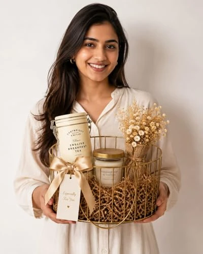 Oval Wire Decorative Gifting Basket with Handles | Gold Plated Metal Fruit & Gift Hamper Basket for Wedding, Festive & Home Decor | Multipurpose Storage Organizer Basket view 7