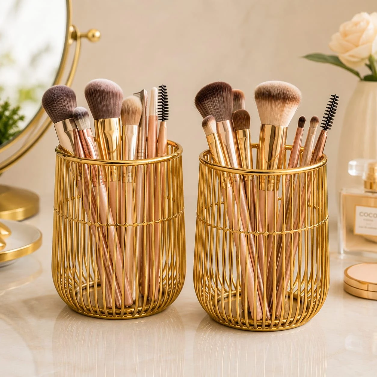 Craft Brio -A TRENDY HANDICRAFTS Set of 2 Gold Wire Makeup Brush Holder Organizer | Metal Cosmetic Brush Stand for Vanity, Dressing Table & Bathroom Counter (Set of 2) view 7