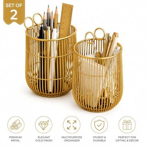 Craft Brio -A TRENDY HANDICRAFTS Set of 2 Gold Wire Makeup Brush Holder Organizer | Metal Cosmetic Brush Stand for Vanity, Dressing Table & Bathroom Counter (Set of 2) view 5