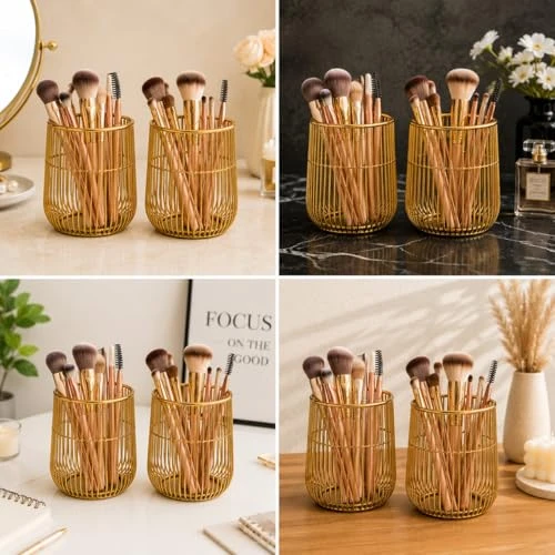 Craft Brio -A TRENDY HANDICRAFTS Set of 2 Gold Wire Makeup Brush Holder Organizer | Metal Cosmetic Brush Stand for Vanity, Dressing Table & Bathroom Counter (Set of 2) view 6