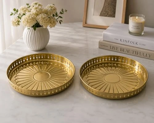 Craft Brio Pure Brass Decorative Pooja Tray for Home Temple – Round Brass Thali for Pooja, Aarti & Festive Décor, Traditional Handcrafted Plate for Diwali Wedding Rituals (9 inches view 5