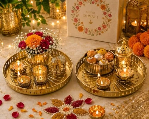 Craft Brio Pure Brass Decorative Pooja Tray for Home Temple – Round Brass Thali for Pooja, Aarti & Festive Décor, Traditional Handcrafted Plate for Diwali Wedding Rituals (9 inches view 6
