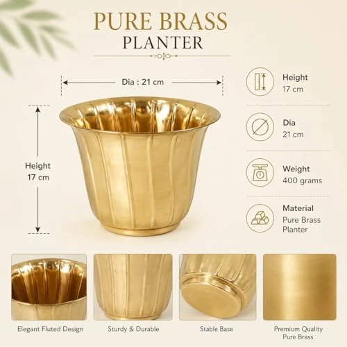 Craft Brio Pure Brass Planter Pot for Indoor Plants | 21 cm Decorative Metal Flower Pot | Handmade Brass Planter for Balcony, Living Room & Home Décor | 17 cm Height view 5