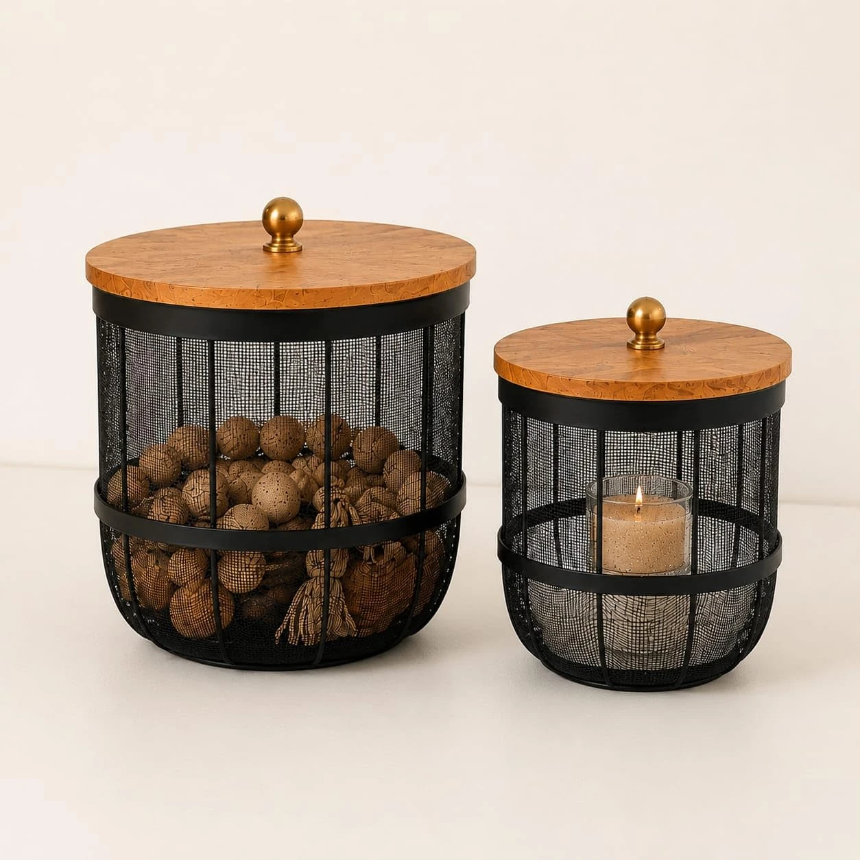 Craft Brio Set of 2 Metal Mesh Storage Baskets with Mango Wood Lids | Black Wire Storage Bins with Natural Wooden Tops | Decorative Storage for Living Room, Bedroom, Bathroom & Kit view 2