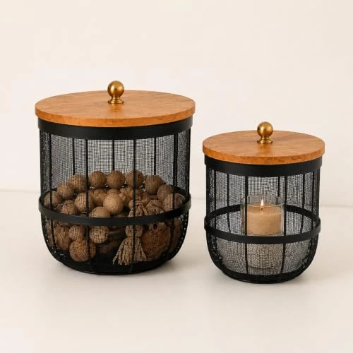 Craft Brio Set of 2 Metal Mesh Storage Baskets with Mango Wood Lids | Black Wire Storage Bins with Natural Wooden Tops | Decorative Storage for Living Room, Bedroom, Bathroom & Kit view 3