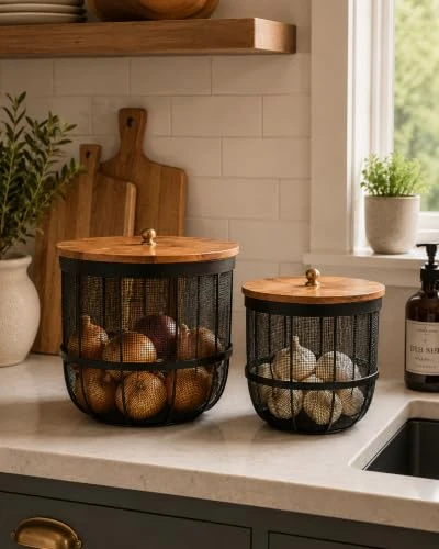 Craft Brio Set of 2 Metal Mesh Storage Baskets with Mango Wood Lids | Black Wire Storage Bins with Natural Wooden Tops | Decorative Storage for Living Room, Bedroom, Bathroom & Kit view 4