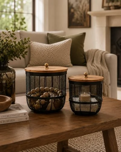Craft Brio Set of 2 Metal Mesh Storage Baskets with Mango Wood Lids | Black Wire Storage Bins with Natural Wooden Tops | Decorative Storage for Living Room, Bedroom, Bathroom & Kit view 5