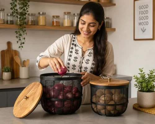 Craft Brio Set of 2 Metal Mesh Storage Baskets with Mango Wood Lids | Black Wire Storage Bins with Natural Wooden Tops | Decorative Storage for Living Room, Bedroom, Bathroom & Kit view 6