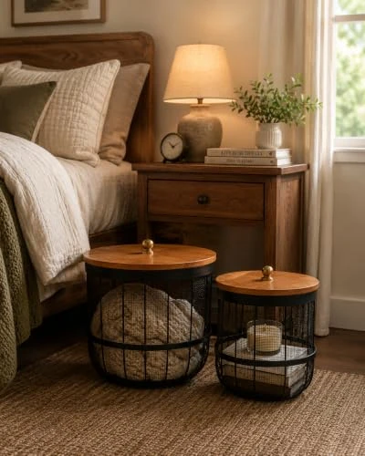 Craft Brio Set of 2 Metal Mesh Storage Baskets with Mango Wood Lids | Black Wire Storage Bins with Natural Wooden Tops | Decorative Storage for Living Room, Bedroom, Bathroom & Kit view 8