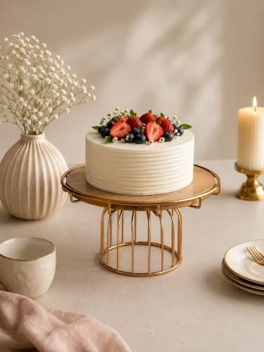 Wooden Top Cake Stand with Gold Plated Metal Stand, 10.2 Inch Round Dessert Display Stand, Premium Cake Pedestal for Birthday, Wedding, Party, Fruit Display & Home Décor (26 x 26 x view 3