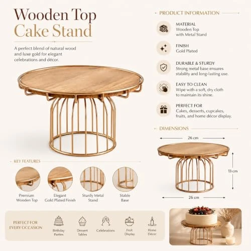 Wooden Top Cake Stand with Gold Plated Metal Stand, 10.2 Inch Round Dessert Display Stand, Premium Cake Pedestal for Birthday, Wedding, Party, Fruit Display & Home Décor (26 x 26 x view 4