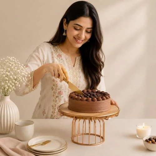 Wooden Top Cake Stand with Gold Plated Metal Stand, 10.2 Inch Round Dessert Display Stand, Premium Cake Pedestal for Birthday, Wedding, Party, Fruit Display & Home Décor (26 x 26 x view 5