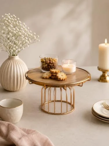 Wooden Top Cake Stand with Gold Plated Metal Stand, 10.2 Inch Round Dessert Display Stand, Premium Cake Pedestal for Birthday, Wedding, Party, Fruit Display & Home Décor (26 x 26 x view 6