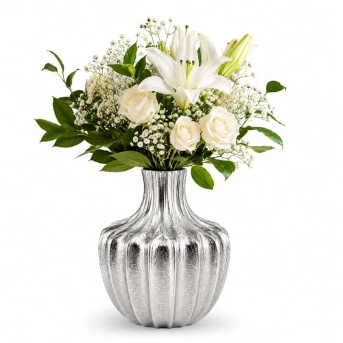 Silver Aluminium Casting Flower Vase for Home Decor | Modern Decorative Metal Vase for Fresh & Artificial Flowers | Textured Ribbed Design | Luxury Center Table, Living Room & Offi view 2