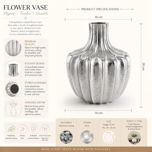 Silver Aluminium Casting Flower Vase for Home Decor | Modern Decorative Metal Vase for Fresh & Artificial Flowers | Textured Ribbed Design | Luxury Center Table, Living Room & Offi view 3