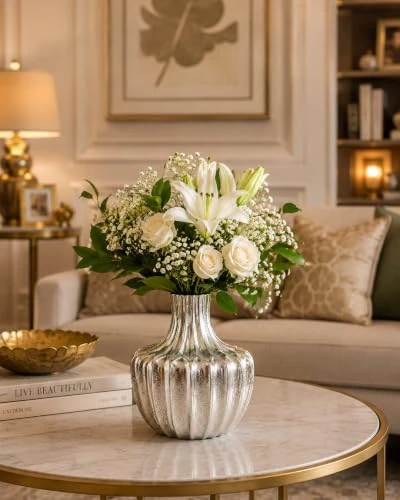 Silver Aluminium Casting Flower Vase for Home Decor | Modern Decorative Metal Vase for Fresh & Artificial Flowers | Textured Ribbed Design | Luxury Center Table, Living Room & Offi view 4