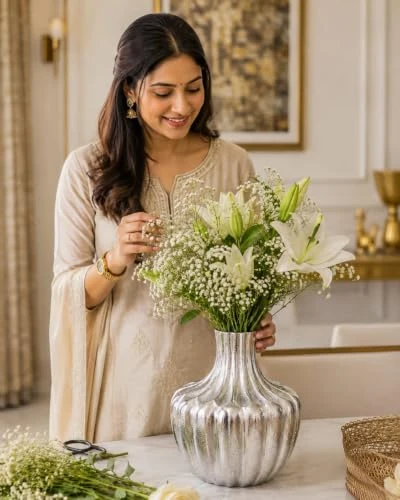 Silver Aluminium Casting Flower Vase for Home Decor | Modern Decorative Metal Vase for Fresh & Artificial Flowers | Textured Ribbed Design | Luxury Center Table, Living Room & Offi view 5