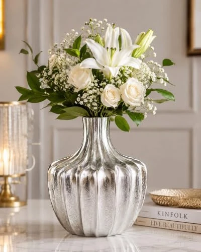 Silver Aluminium Casting Flower Vase for Home Decor | Modern Decorative Metal Vase for Fresh & Artificial Flowers | Textured Ribbed Design | Luxury Center Table, Living Room & Offi view 7